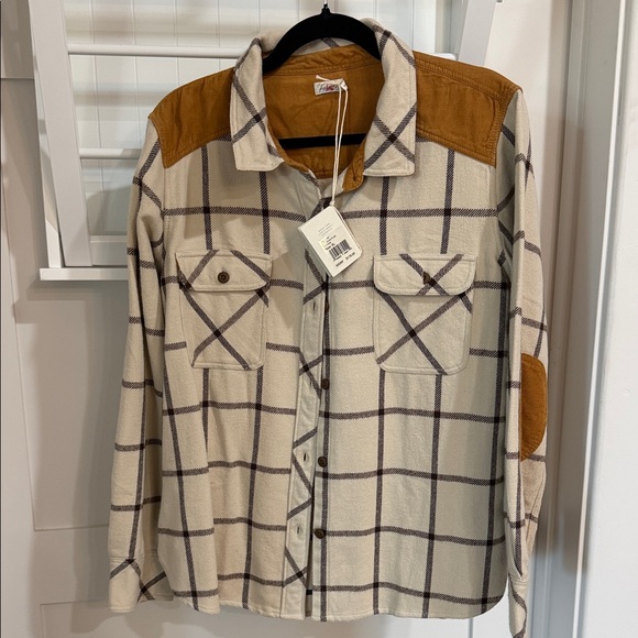 Faherty Tops - Faherty Cream and Brown Plaid Button Down Shirt